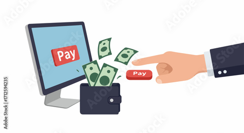 Making an online payment, person clicks pay button with currency flowing from wallet to screen. Secure online payment ensures seamless transaction. Convenient online payment for digital purchases,