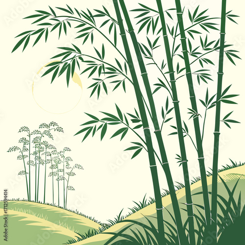Serene green bamboo stalks and leaves sway gently under a soft yellow moon in a peaceful landscape