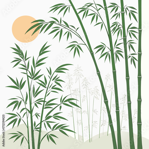 Serene bamboo forest with a warm sun rising over a misty landscape in a minimalist style