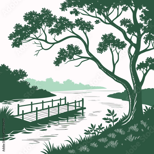 Serene lake scene with a wooden pier and lush trees under a clear sky