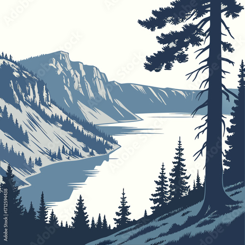 Serene blue mountain lake landscape with tall evergreen trees and rocky cliffs