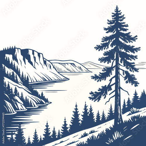 Serene natural landscape with a large pine tree overlooking a calm lake and rugged cliffs