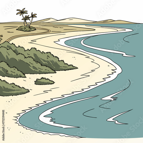 Serene tropical coastline with gentle waves lapping on a sandy beach and lush green vegetation