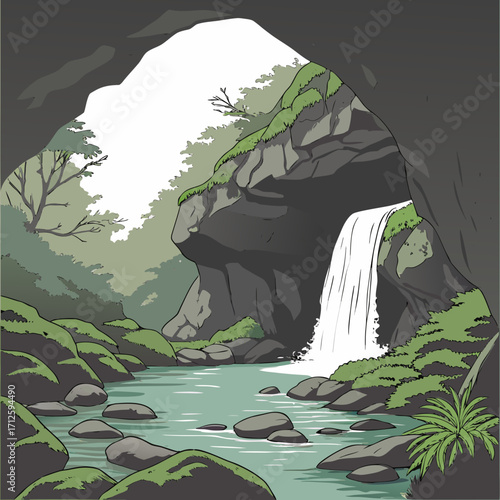 Serene waterfall cascading into a clear turquoise river from a rocky cave entrance surrounded by lush green foliage
