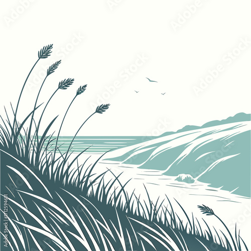 Stylized coastal landscape with tall grass in the foreground and rolling hills meeting the sea