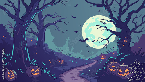 Spooky Halloween Forest Background with Full Moon and Pumpkins