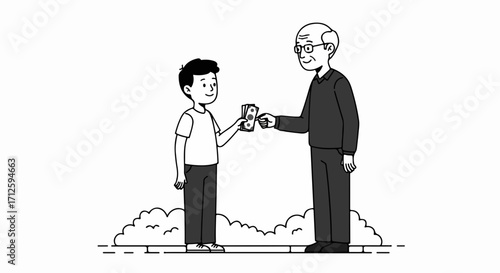 Grandfather and grandson toasting with cans in a black and white illustration. Grandfather and grandson sharing special moment, making toast with drink cans, celebrating kinship,