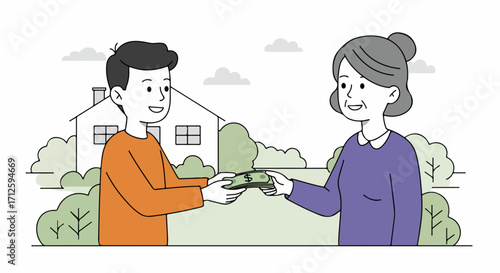 Handing over money between happy family members in front of their house. Handing over money is concept for inheritance, savings for college, or monetary gift.