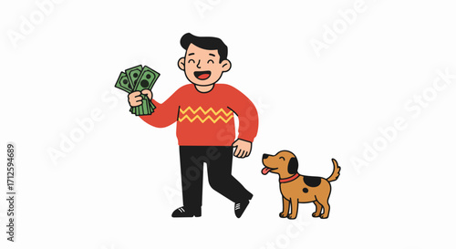 Smiling man with money and pet dog. Money held by happy man walking his dog, as wealth enables pet ownership. Wealth and pets are great things for a happy lifestyle, especially money in hand.