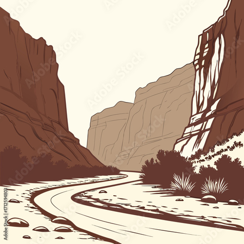Stylized illustration of a winding road through a desert canyon with sparse vegetation under a clear sky