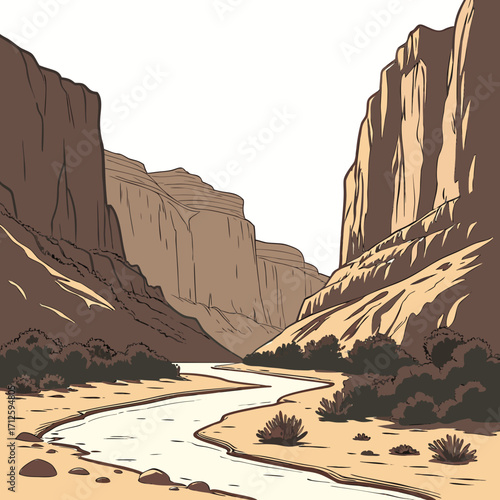 Stylized illustration of a winding river flowing through a vast desert canyon with rugged cliffs and sparse vegetation