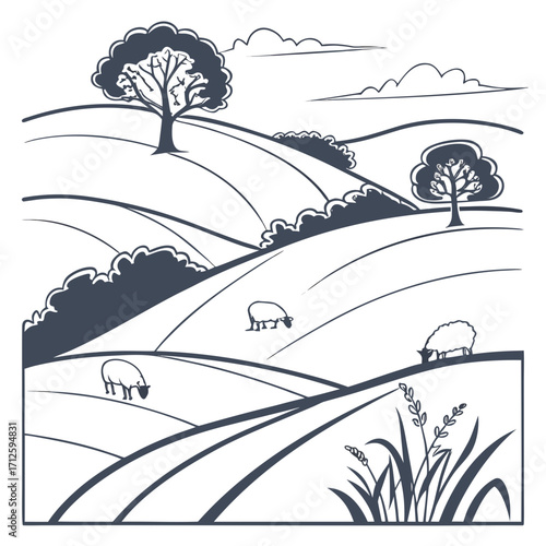 Stylized illustration of rolling hills with sheep grazing among trees and clouds in a simple graphic style