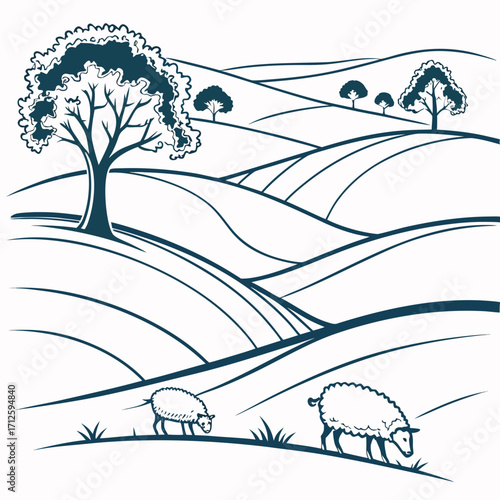Stylized illustration of rolling hills with trees and sheep grazing in a pastoral landscape