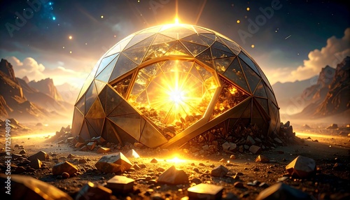 Futuristic Dome Structure with Bright Light in Desert Landscape