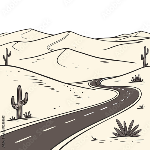 Winding desert road through sand dunes with saguaro cacti and sparse vegetation under a clear sky
