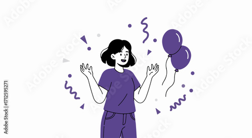 Celebrating with party concept artwork depicting an elated girl with balloons and confetti. Party concept with a cheerful girl surrounded by celebratory elements creates a joyful and festive scene.