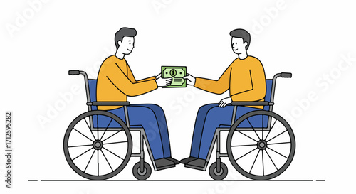Two disabled persons in wheelchairs are exchanging money, which represents a transaction. Disabled persons are transacting, signifying economic activity, empowerment, or social inclusion.