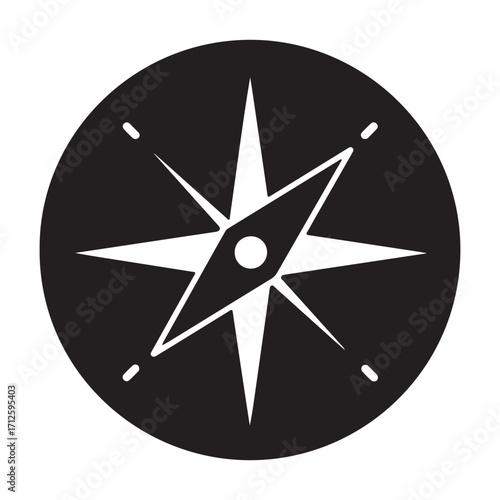 Minimalist compass icon in black and white offering direction and guidance symbol for explorers and adventurers