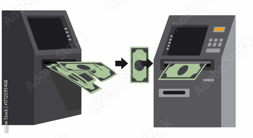 ATM transaction showing money transfer from one machine to another, symbolizing money transfer. Illustrative ATM transaction showcases cash movement, representing financial exchange and monetary flow.