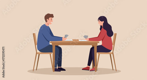 Man and woman playing card game at table. Enjoyable card game for two, includes cards and wooden table, indoor interior. Concept card game, indoor leisure activity, or relationship building activity.