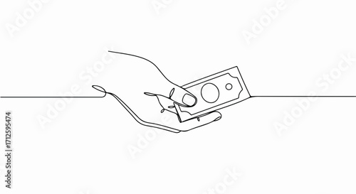 Hand holding money drawn in one continuous line with minimalist design. Hand holding money offers financial security, symbolizing savings and investment in business.