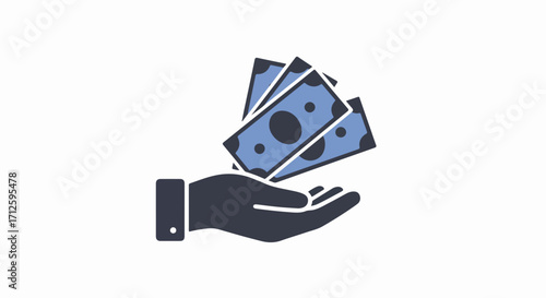 Money in hand illustration showing currency held in outstretched palm. Giving money graphic depicts cash notes in exchange, transfer of funds. Use this money in hand visual for financial literacy,