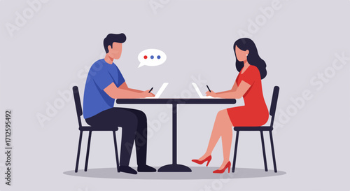 Young couple dating online using laptop at table, person sending messages. Dating online with man and woman connecting virtually. Online dating concept for digital era,
