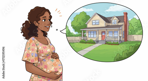Expecting mother imagines new home. Dreaming of new home with garden, front door, and green lawn, expecting mother looks forward to family's future.