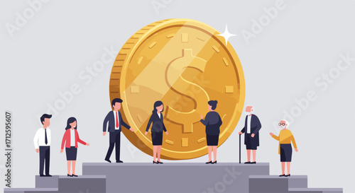 Financial stability shown with people of different age standing on stairs surrounding giant coin. Financial stability is necessary for all generations represented by diverse age groups,