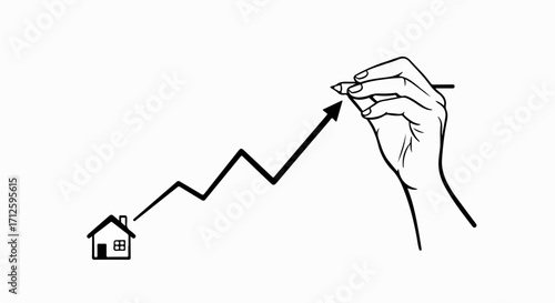 House price increase shown with hand drawing upward trend line, house price increase is displayed on white background. Depicts house price increase with drawing arrow and hand holds marker.