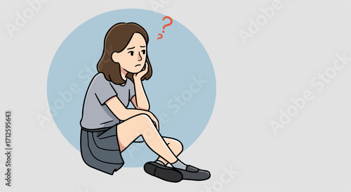 Illustration of a girl thinking with a question mark above her head. This girl thinking with question mark pose showcases a thoughtful expression, drawn in a simple, cartoon style.