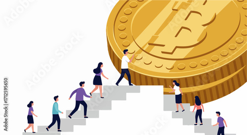Climbing stairs to bitcoin wealth. People climbing stairs toward a giant bitcoin depicts investment and financial technology, as well as cryptocurrency opportunities.
