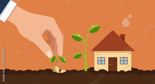 New home illustration shows hand planting seedling next to house, concept investment. New home, symbol of growth and prosperity, investment concept represents future development.