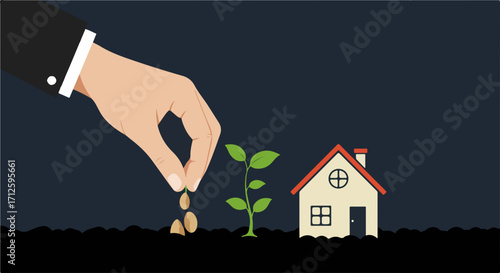 Growing investment represented by planting seeds next to house graphic. Investment in property concept shows financial planning, growth with green plant next to home.
