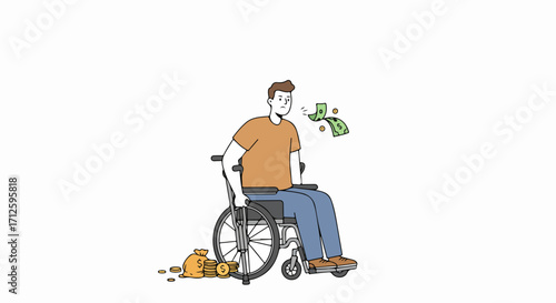 Wheelchair user receives money, depicting financial aid assistance, with cash flowing to person using mobility aid. Wheelchair user benefits financially and receives needed support.