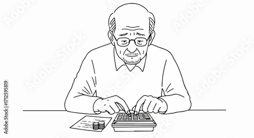 Senior man calculating finances with calculator at desk. Senior man is using calculator to manage personal finances and budget, carefully tracking expenses.