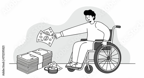 Illustration of person in wheelchair holding money, with stacks of money nearby, portraying financial inequality.