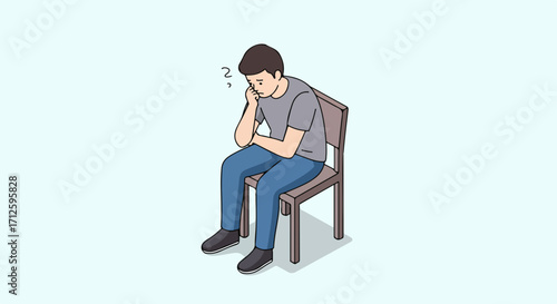 Seated man is feeling sleepy, depicted in a minimal 2.5D illustration, with a cartoon figure slumped in a chair, showing signs of drowsiness. Seated man needs a break or suffering from fatigue,