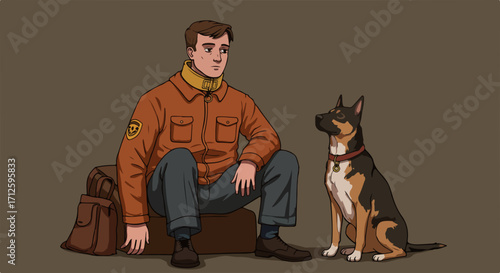 Man and dog sitting outdoors, man and dog enjoying each other’s company in a relaxed moment. Depicts man sitting on luggage, accompanied by his canine friend, bonding outdoors during travel,