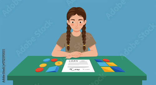 Young girl playing puzzle with colorful geometric shapes sitting at desk, puzzle solving activity for education. Playing puzzle with focus includes arranging geometric form and is good activity.