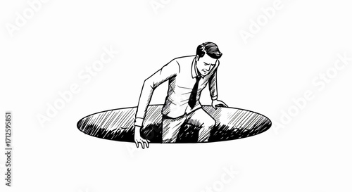 Man in hole illustration showing person emerging from underground, in black and white drawing. Man in hole illustration suggests someone overcoming adversity,