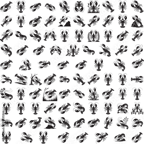 Lobster full black silhouette set in various poses