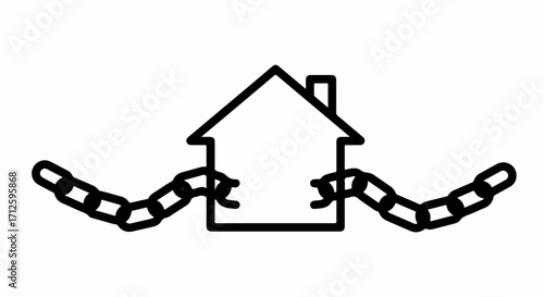 Broken chain holds house outline, a simple design depicting the concept of freedom. Broken chain means no more restrictions or boundaries, suggesting liberty from burdens.