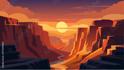 Majestic canyon walls rise high above casting shifting shadows as the sun sets on the arid landscape.