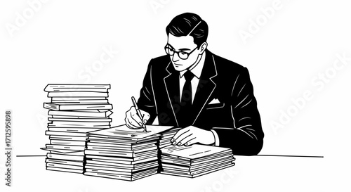 Overwhelmed with paperwork, man sits with a stack of documents. Businessperson overloaded with paperwork, signing forms, and managing files at work. The stack of documents,