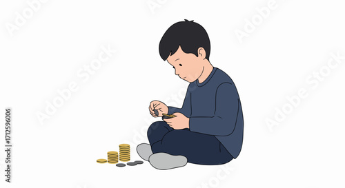 Little boy counting coins, seated on floor, with several stacks. Child counts coins and learns about saving money with currency, showing financial literacy skills.