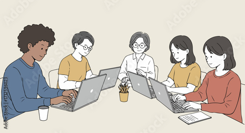 Diverse colleagues working, five colleagues working at table using laptops, in office. Diverse colleagues working in an inclusive environment, fostering collaboration and communication,