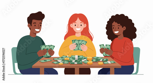 People counting money with happy expressions and lots of cash displayed on table. This people counting money activity shows earnings in personal finance and business.