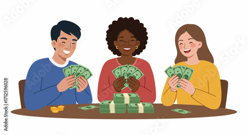 Rich people with handfuls of money and gold coins on table. Rich people smiling and showing off stacks of money in hand, symbolizing financial success and wealth.
