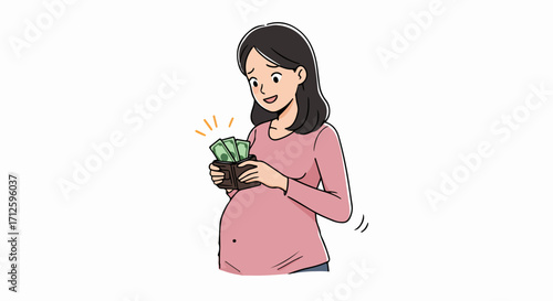 Pregnant woman holding money, smiling with financial security. Enjoying financial stability, this pregnant woman is prepared for new baby expenses. Expectant mother plans for baby,